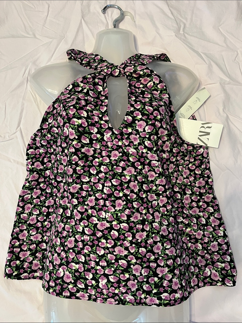 Zara Black Halter Camisole with Pink Floral Print